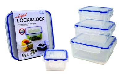 סט 5 קופסאות הרמטיות מרובעות Lock&Lock (בבושקה) באריזת סליב. הקופסאות נכנסות האחת בתוך השנייה לחיסכון ויעילות באחסון. דגם 980CL5