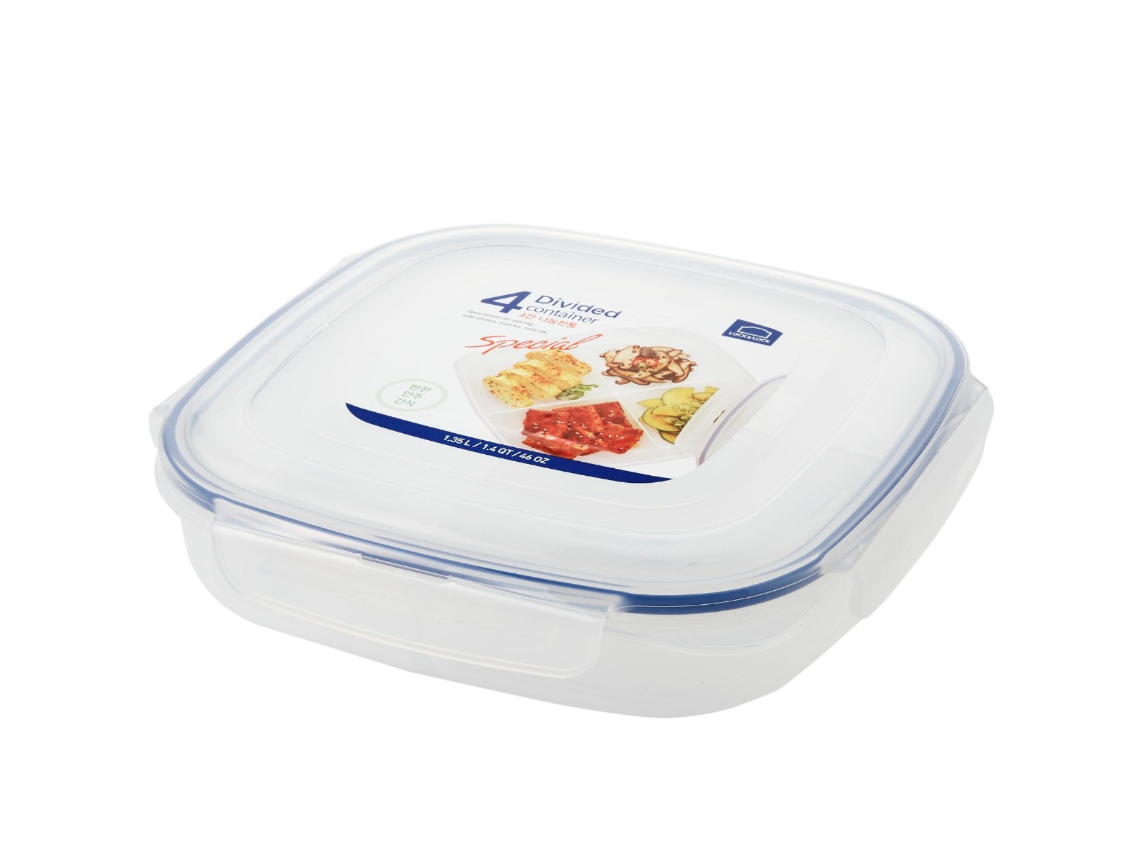 WhatsApp 이미지 2025-06-11, 15.05.58_9bacad0b קופסת Lock&Lock מרובעת 1.35 ליטר מחולקת ל-4 תאים עם דפנות גבוהות המונעות מעבר מזון בין התאים מידות: 23x23x6 ס"מ דגם HPL970D – תמונה 2